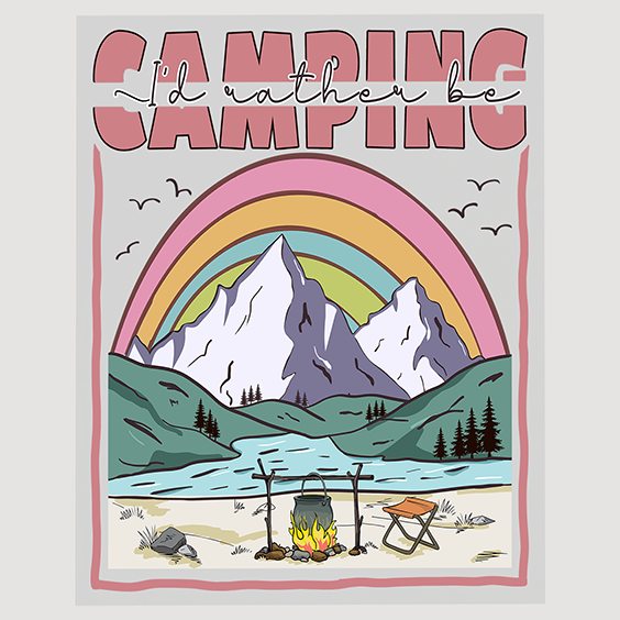 Outdoor Adventure Camping DTF Transfer Design with Mountain and Rainbow Graphics