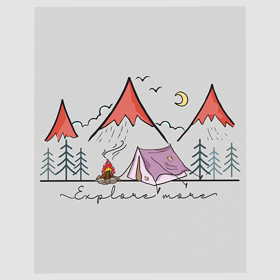 Wilderness Explore More Camping DTF Transfer with Tent and Mountain Scene