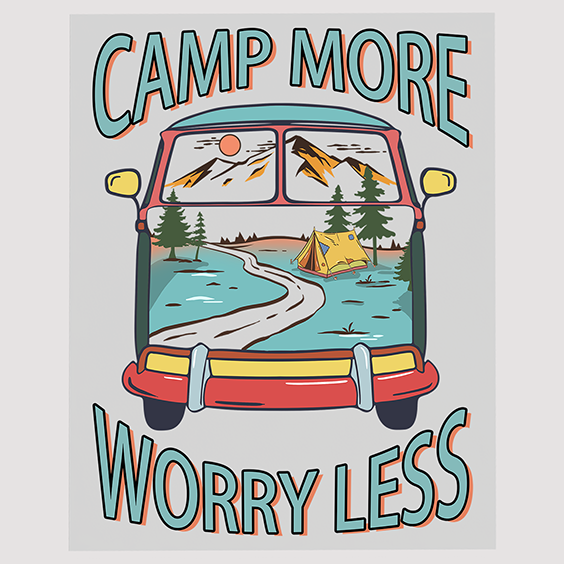 Vintage Van and Camping Scenery DTF Transfer with 'Camp More Worry Less' Slogan