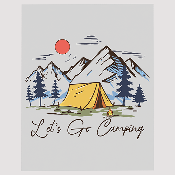 Serene Mountain Camping Scene DTF Transfer with 'Let's Go Camping' Phrase