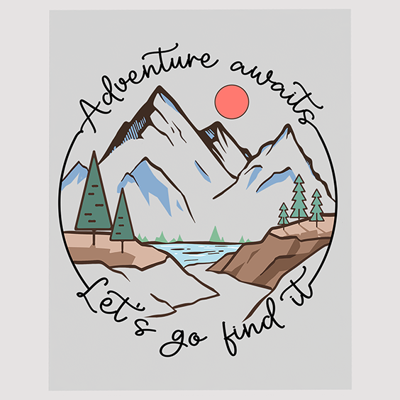 Inspirational 'Adventure Awaits' Camping DTF Transfer with Mountain and Lake Graphics