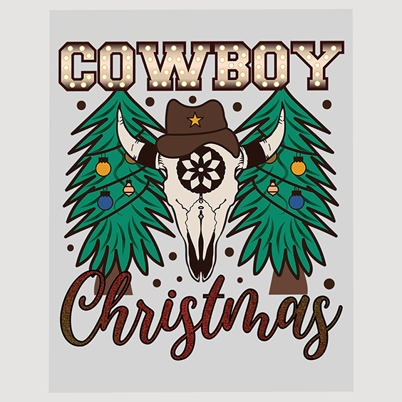 Cowboy Christmas Skull with Festive Trees Ready to Press DTF Transfer